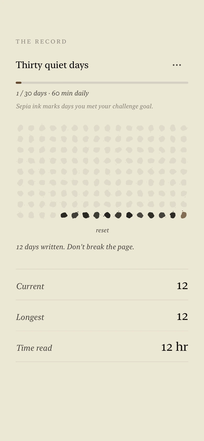 InkHour Record showing larger earned ink blots, a reading challenge and all reading totals on one screen