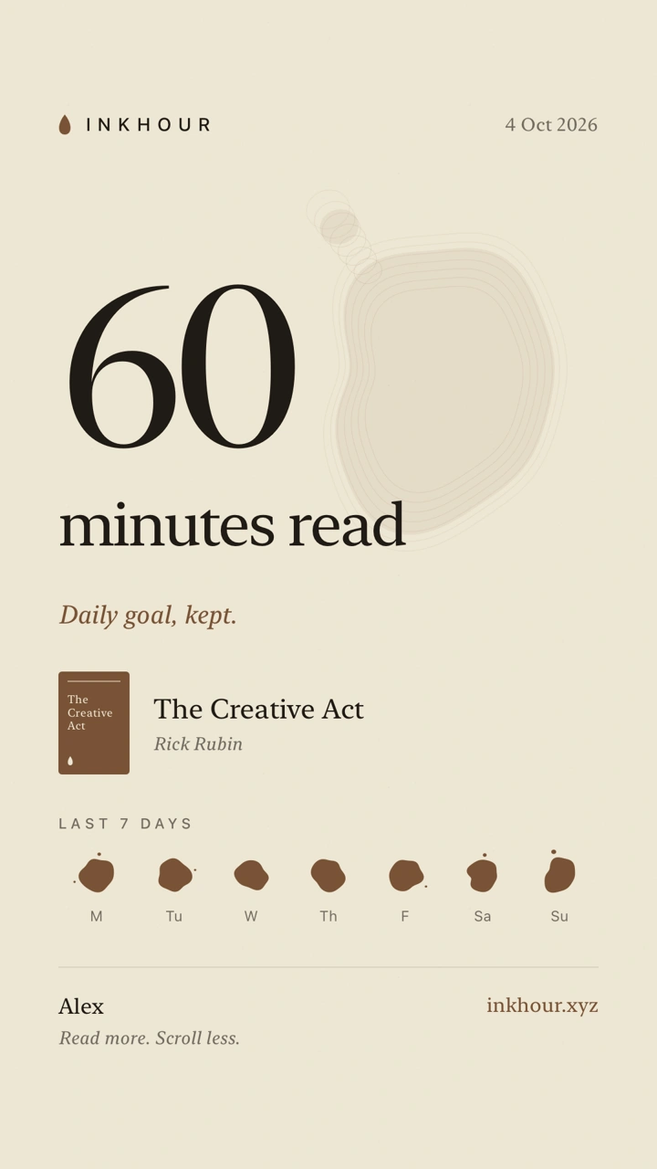 InkHour Paper story card showing 60 minutes read, a weekly ink blot record and optional book details